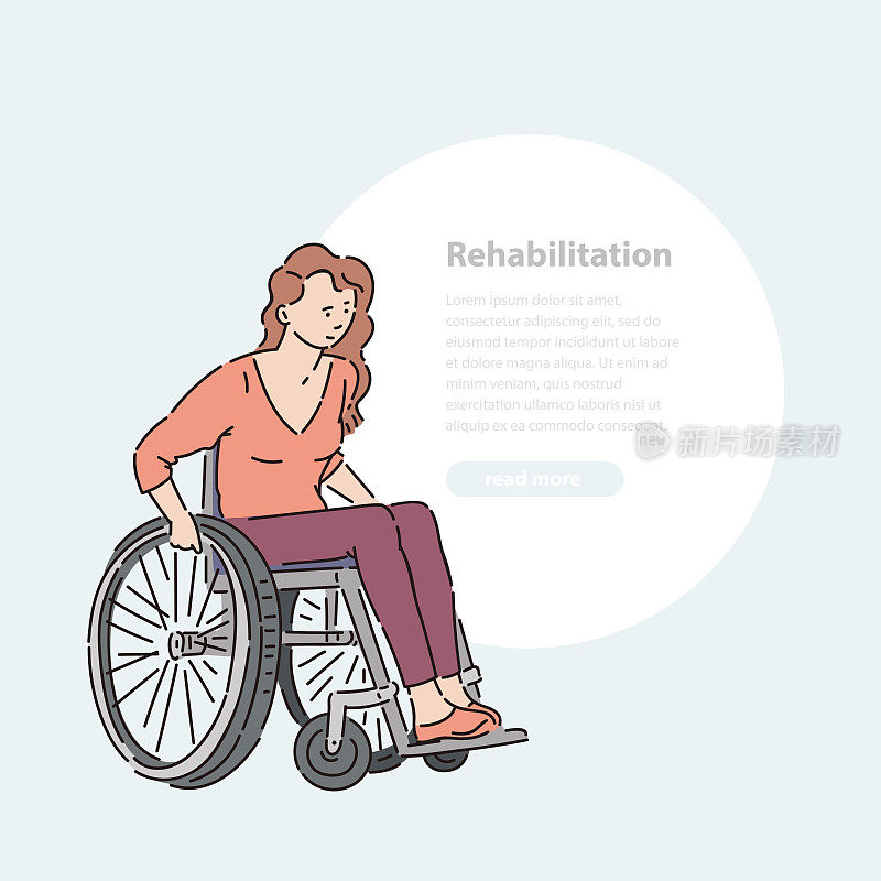 Young disabled woman in wheelchair vector line art illustration banner and round area for text.
